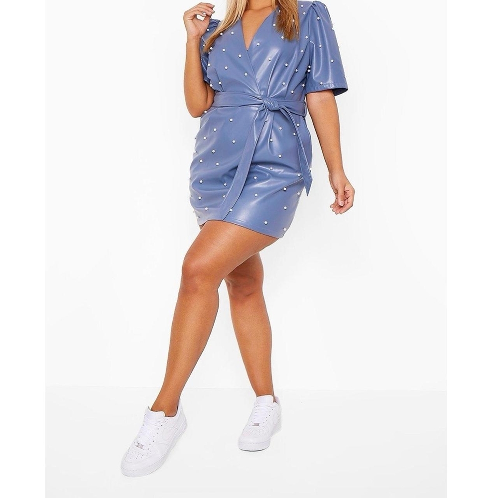 Boohoo Blue Pearl-Studded Faux Leather Wrap Mini Dress